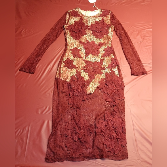 Luxxel Dresses & Skirts - Luxxel Maroon Sheer Embroidered Floral Bodycon Dress w/Nude Bodysuit szS N.W.T.